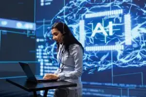 Technician in AI high tech workspace managing call center tasks